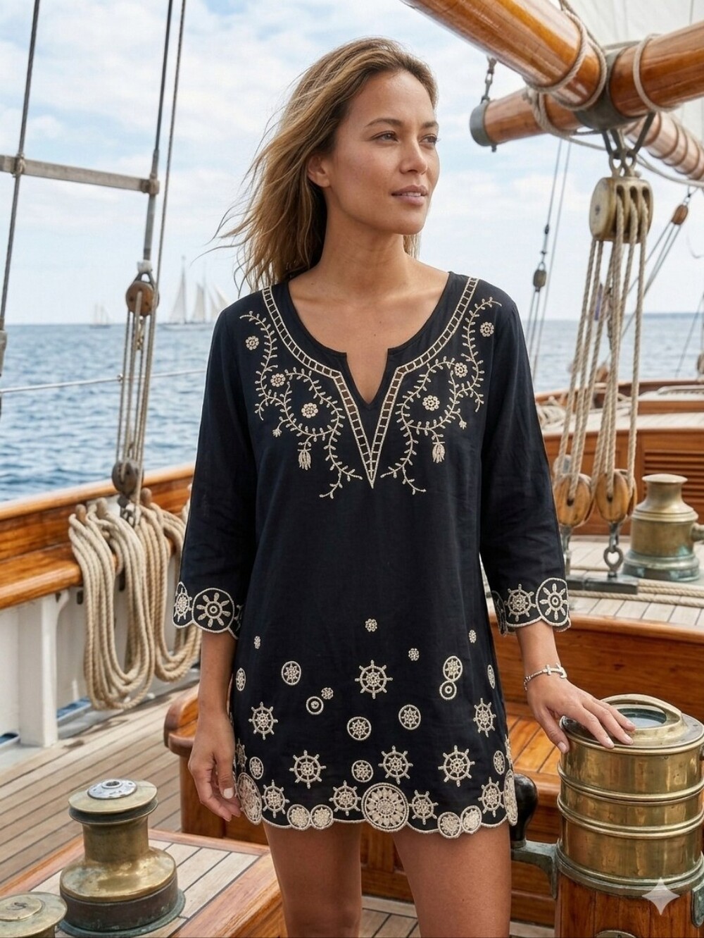 Solitaire Boho Coastal Natical Preppy Chrochet Cream Black Embroidered Tunic Top